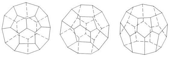 Теоретически возможные типы полиэдрических 16-клеточных колоний. Слева направо: –43m, 222, –7m (рис. из обсуждаемой статьи)